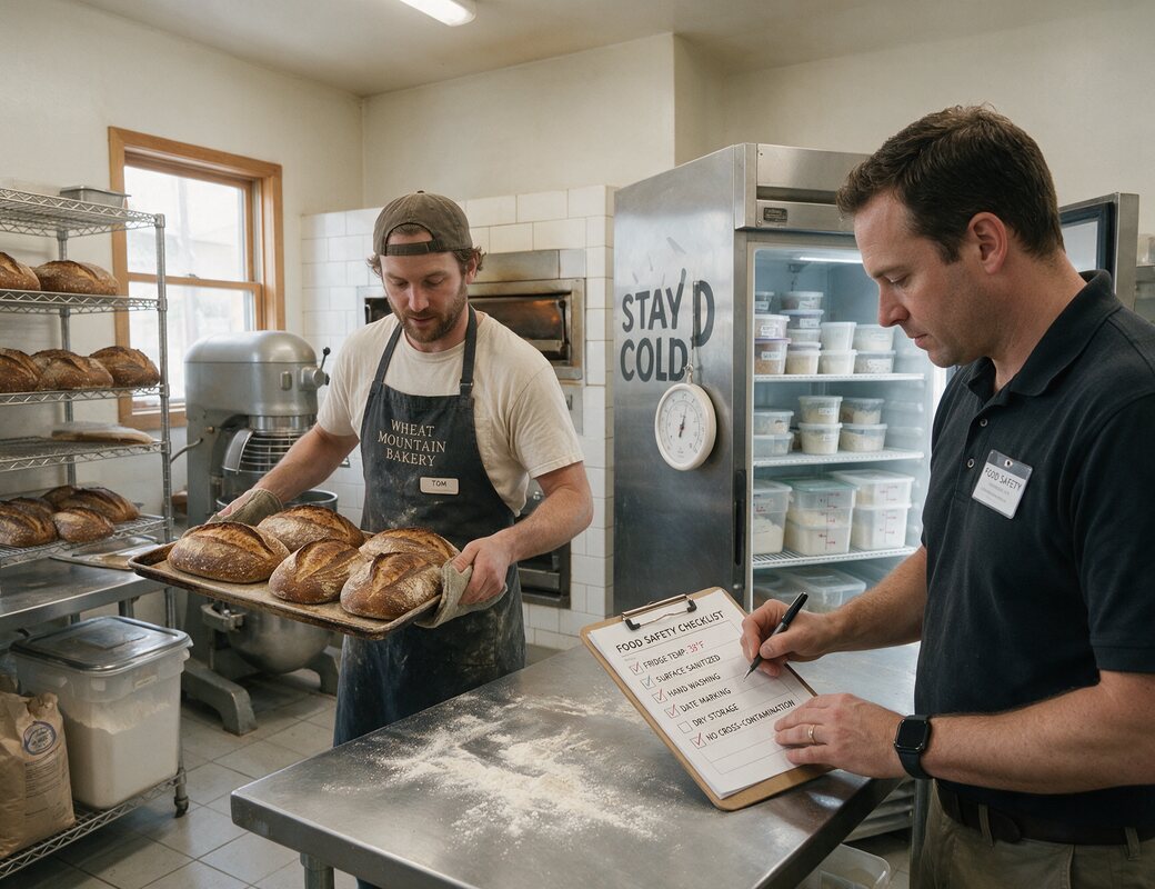 Food safety consultant completing a checklist with a baker in a small bakery