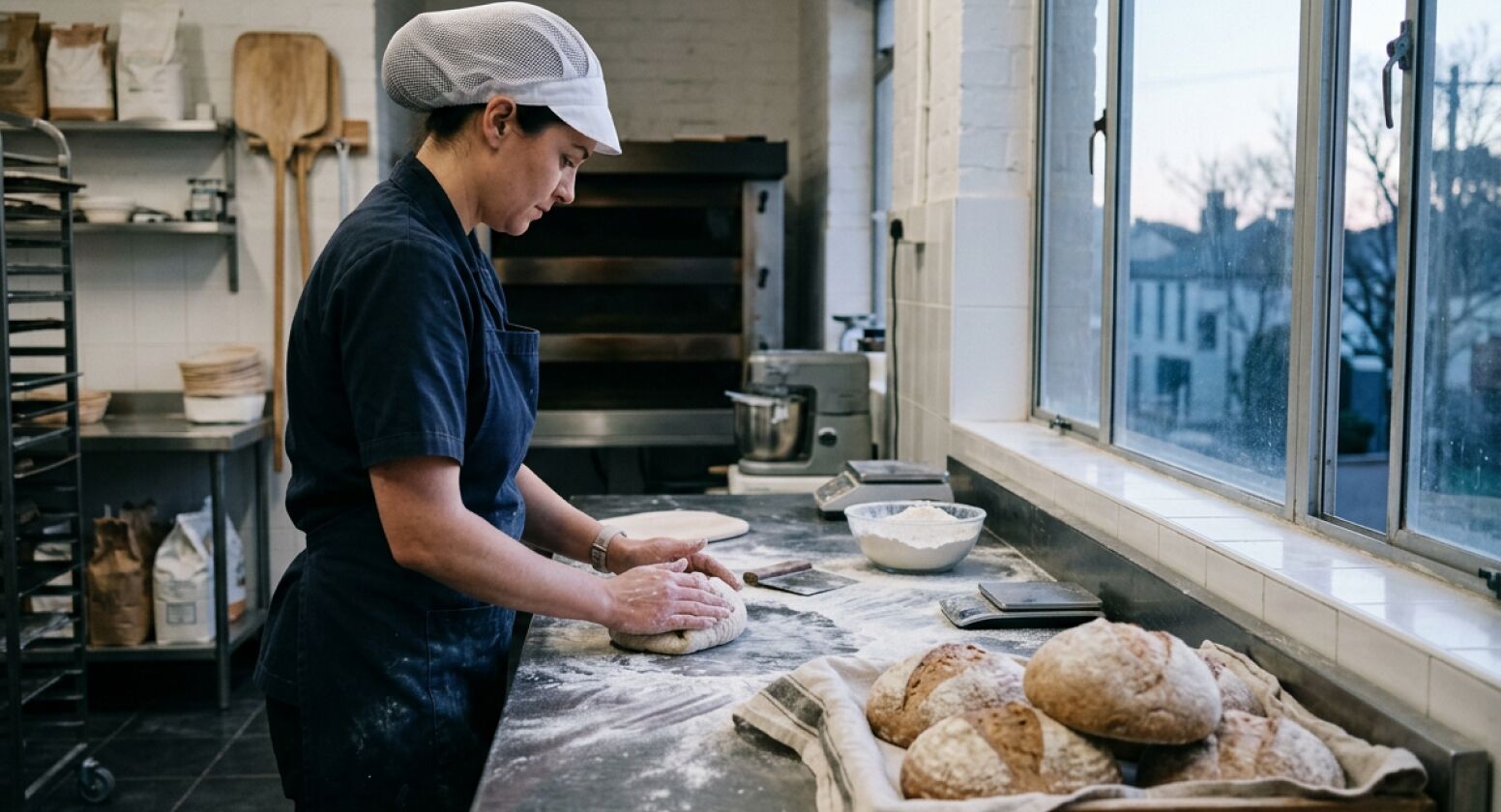 Baker and barista at work in a small café bakery