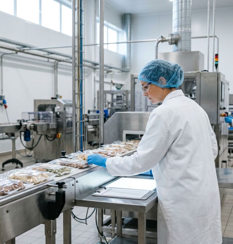 Staff in protective clothing on a food manufacturing and distribution floor