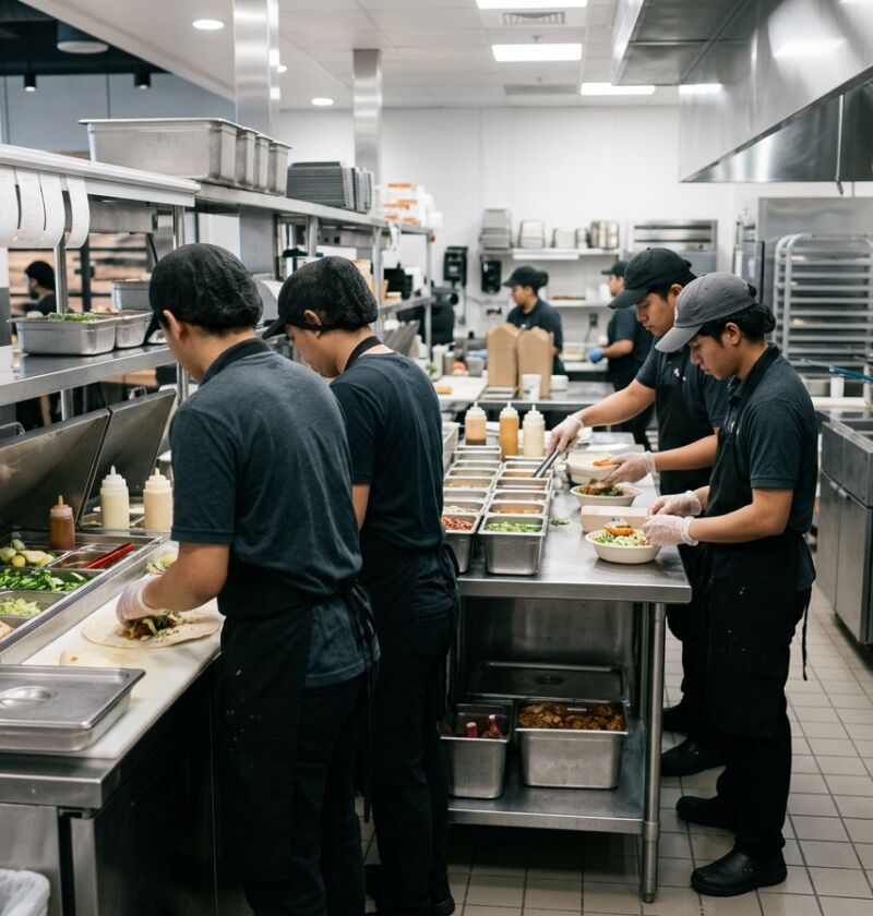 Quick service restaurant kitchen team preparing orders