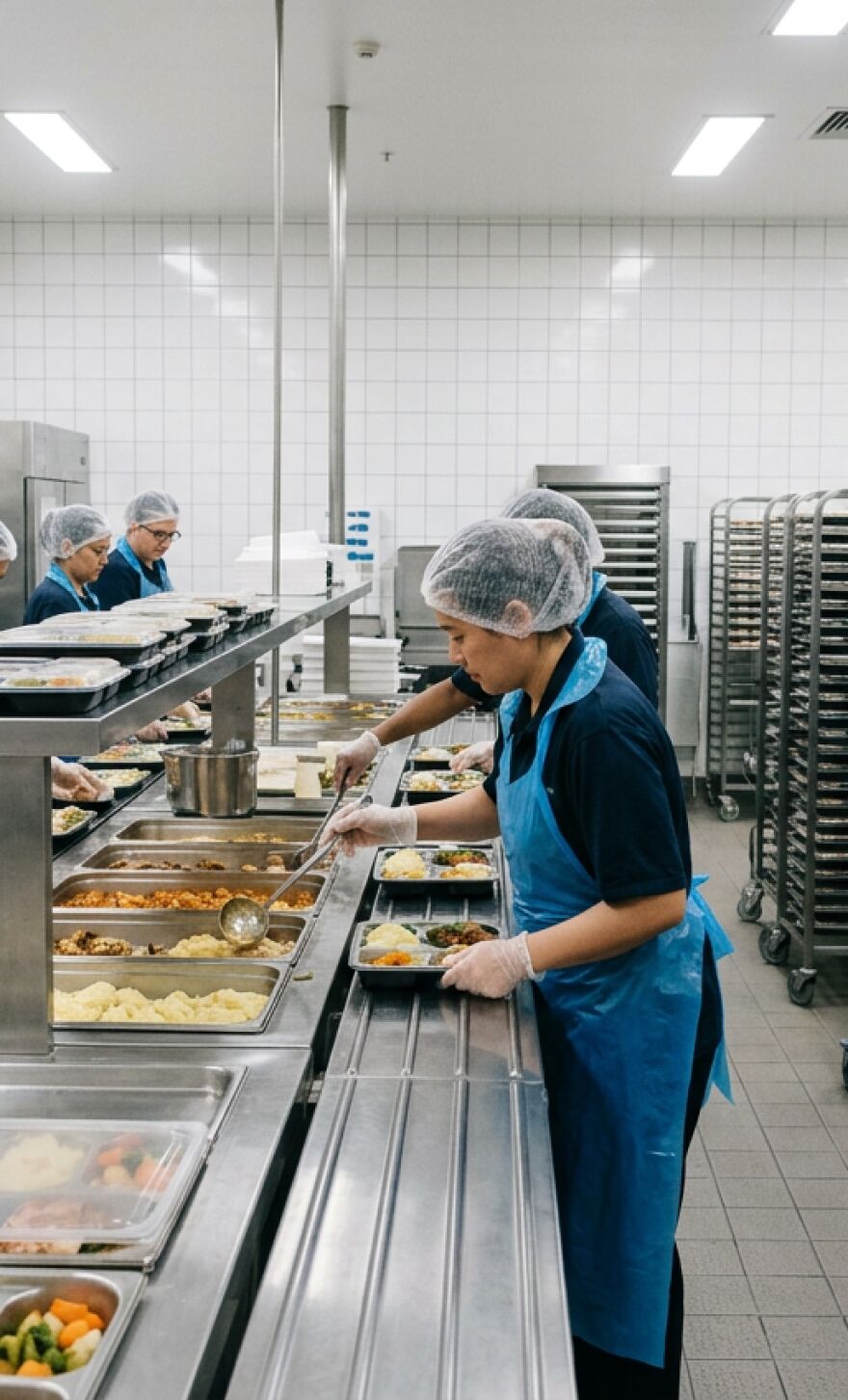Chefs working in a central production kitchen