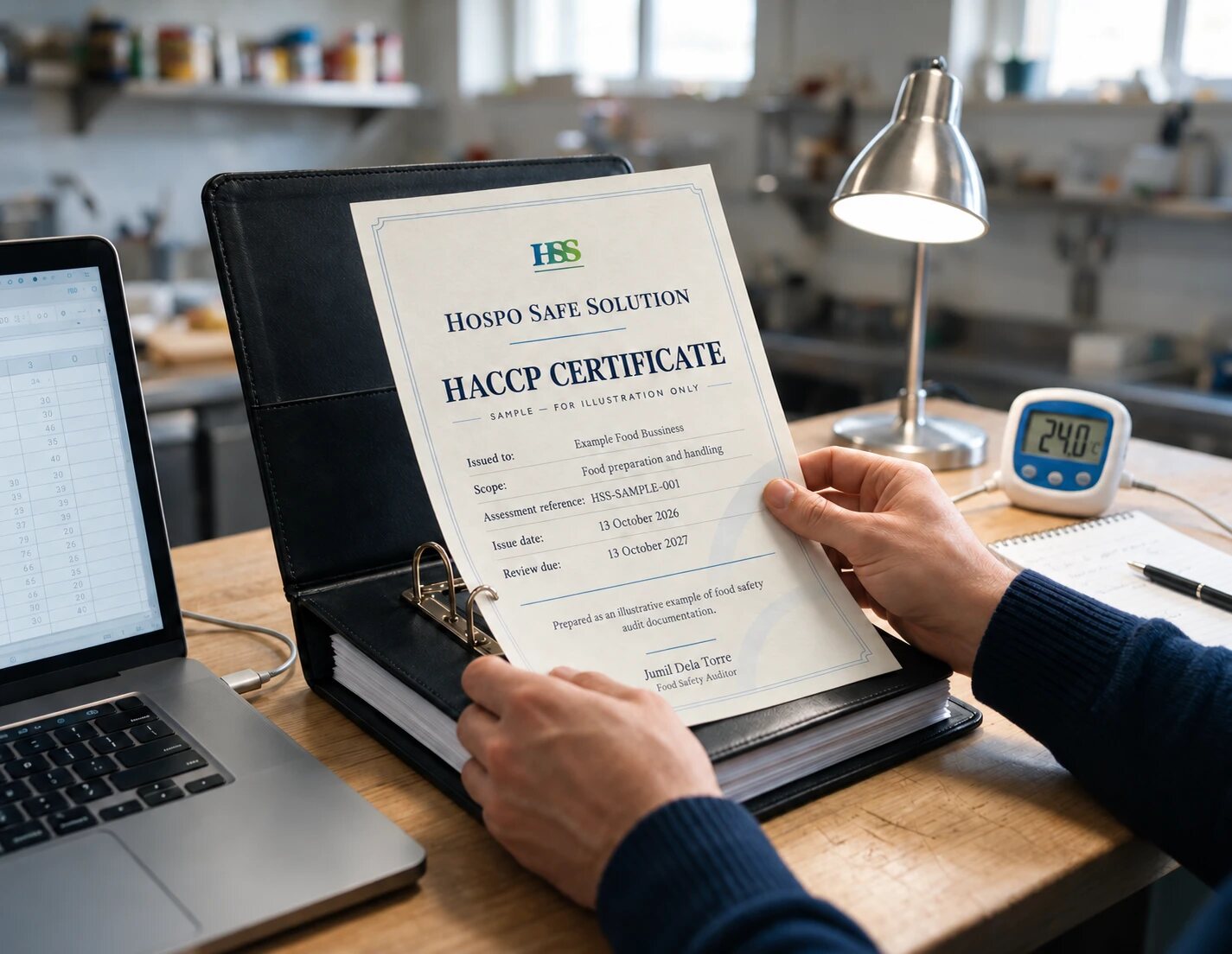 Hands holding a HACCP certificate in a ring binder beside a laptop and a digital thermometer