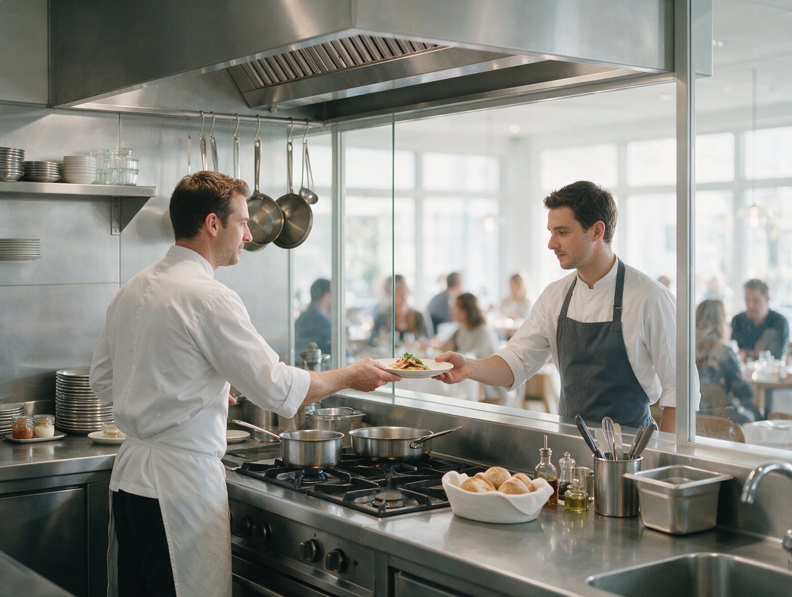 Chef handing a finished plate across the pass to a waiter in a restaurant kitchen
